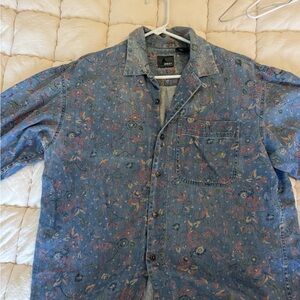 Vintage Floral Blue Denim Button-Down Shirt - Relaxed Floral Print